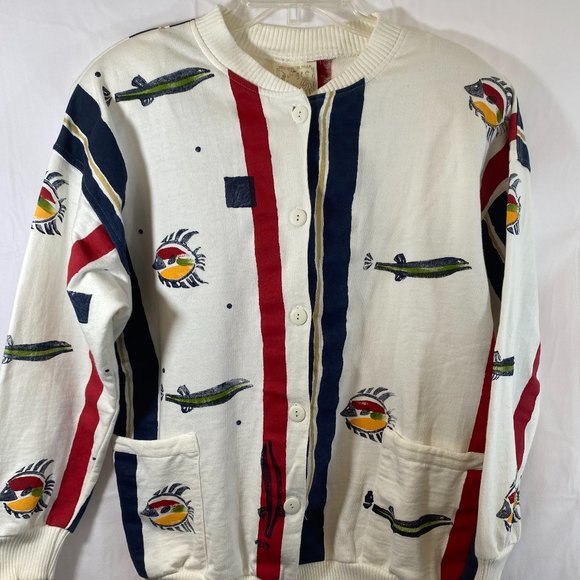 Play Alegre Nautical Print Ivory Long Sleeve Cardigan Sweater EUC Women One Size - Picture 6 of 14